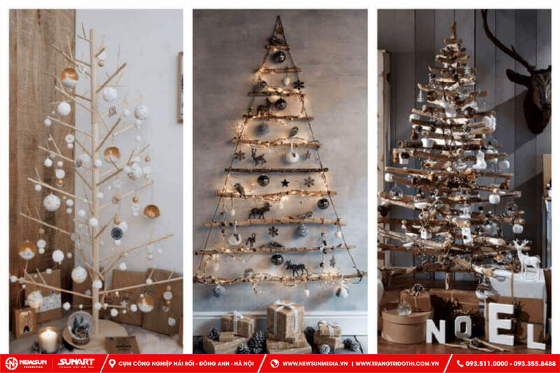 Dùng gỗ với cây khô trang trí noel cho quầy nước trong nhà hàng